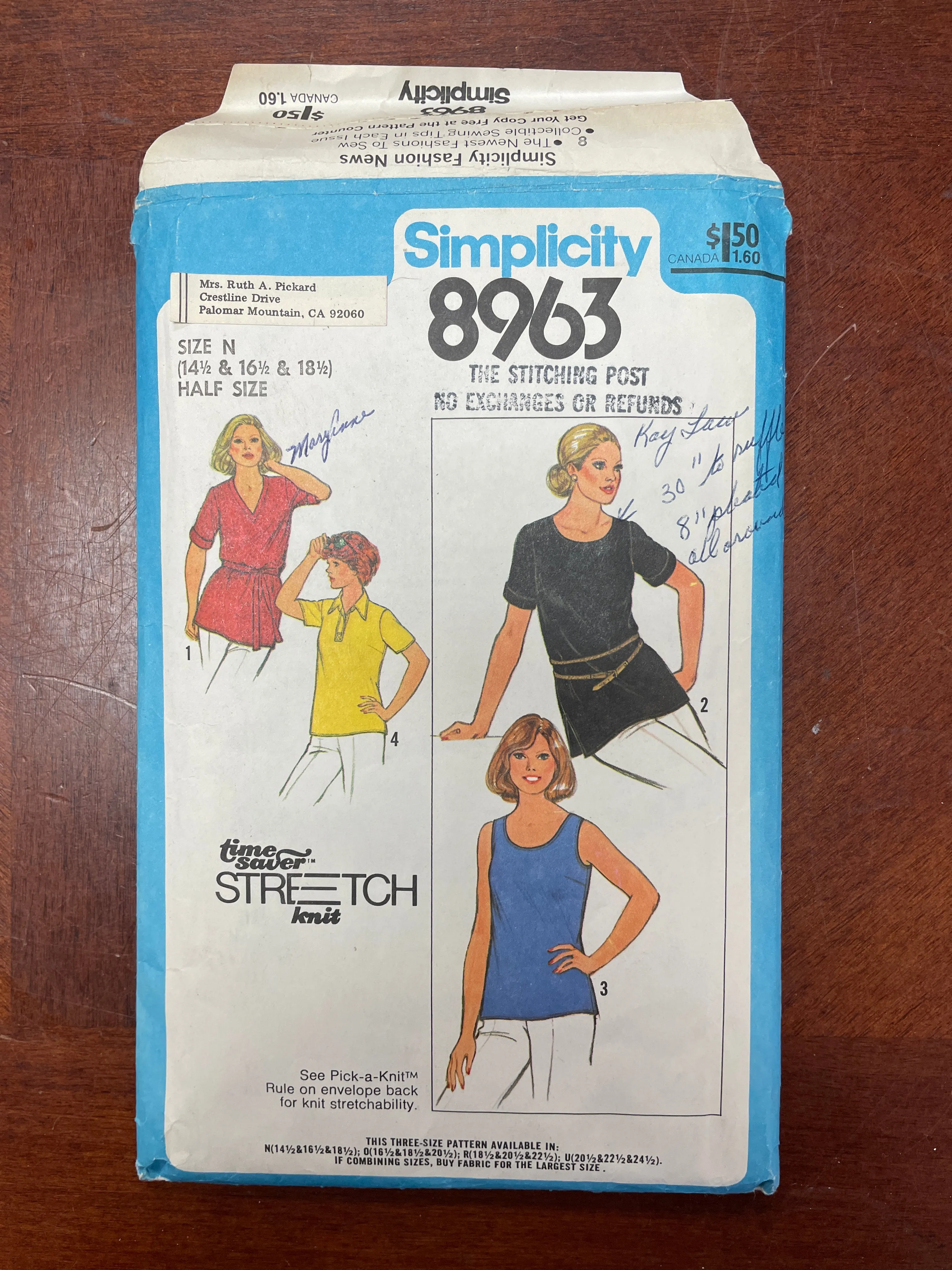 1979 Simplicity 8963 Sewing Pattern - Knit Tops