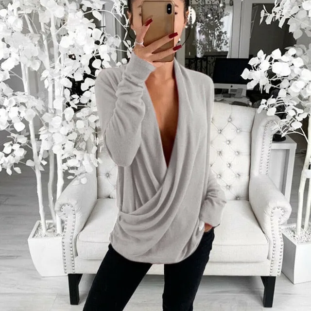 2021 Women's Loose Deep V Neck Long Sleeve Pleated Wrap Shirt Sizes S - XL