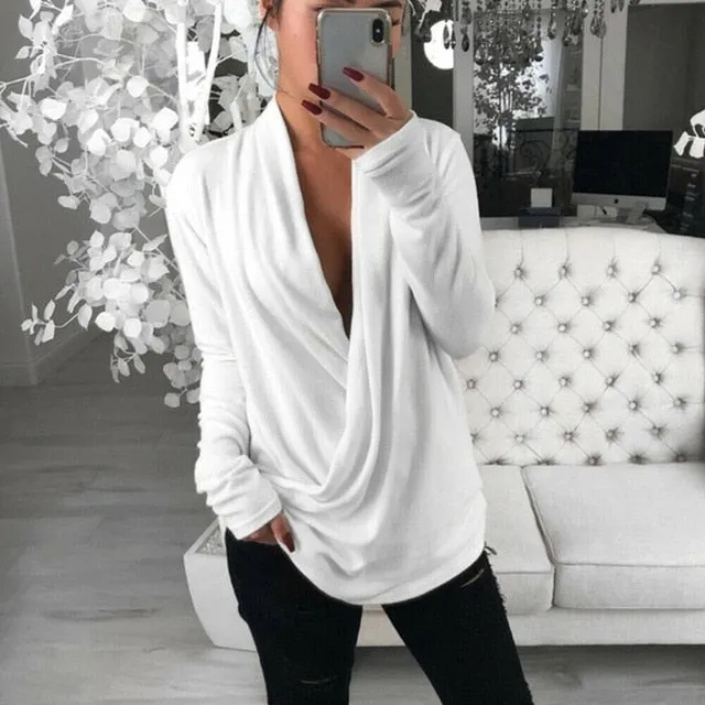 2021 Women's Loose Deep V Neck Long Sleeve Pleated Wrap Shirt Sizes S - XL