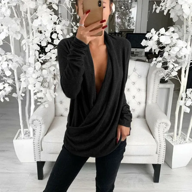 2021 Women's Loose Deep V Neck Long Sleeve Pleated Wrap Shirt Sizes S - XL