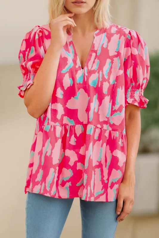 Abstract Print Smocked Puff Sleeve V Neck Blouse