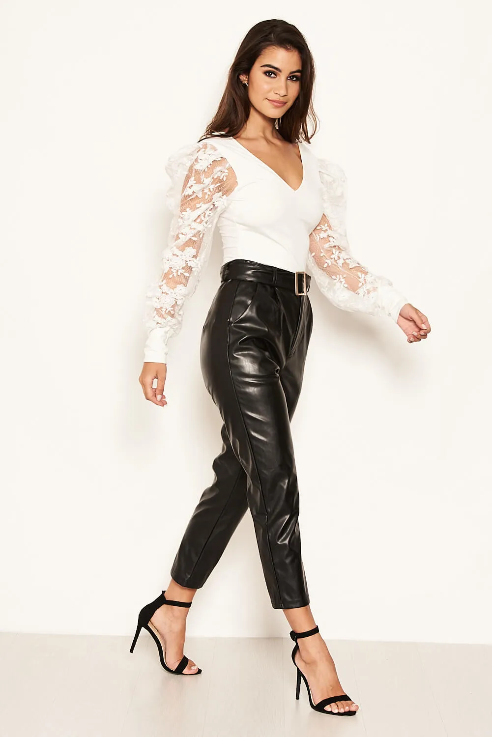 Black Faux Leather Belted Trousers