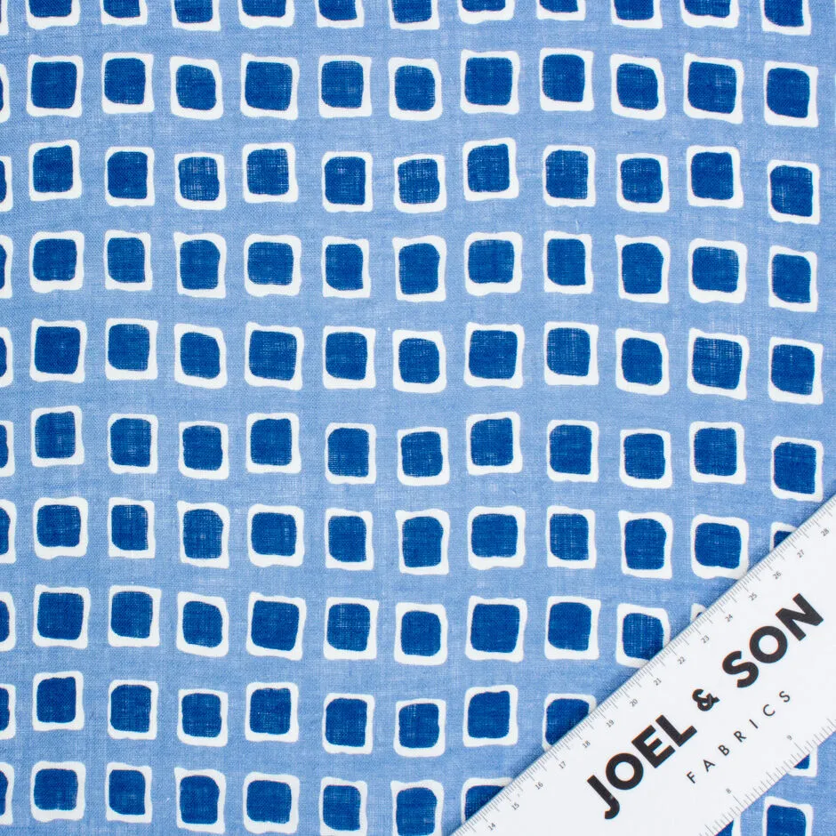 Blue Squares Printed Blue Pure Linen