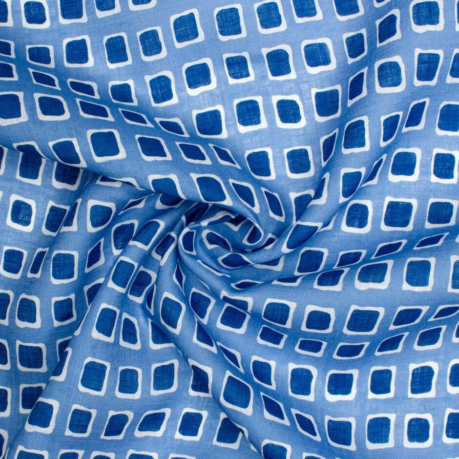 Blue Squares Printed Blue Pure Linen