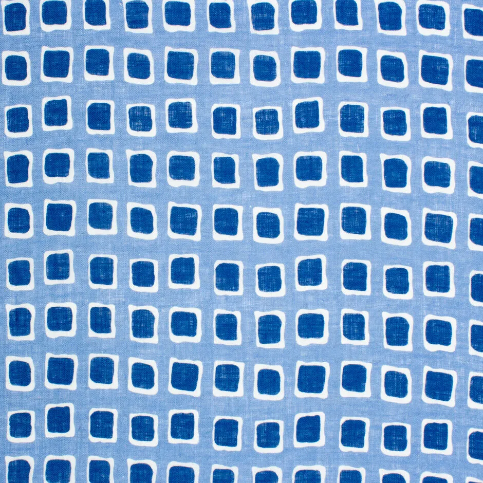 Blue Squares Printed Blue Pure Linen