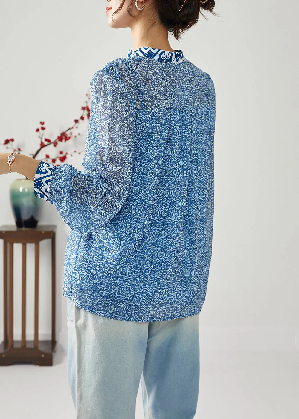 Bohemian Blue Print Patchwork Wrinkled Chiffon Blouses Spring LY1113