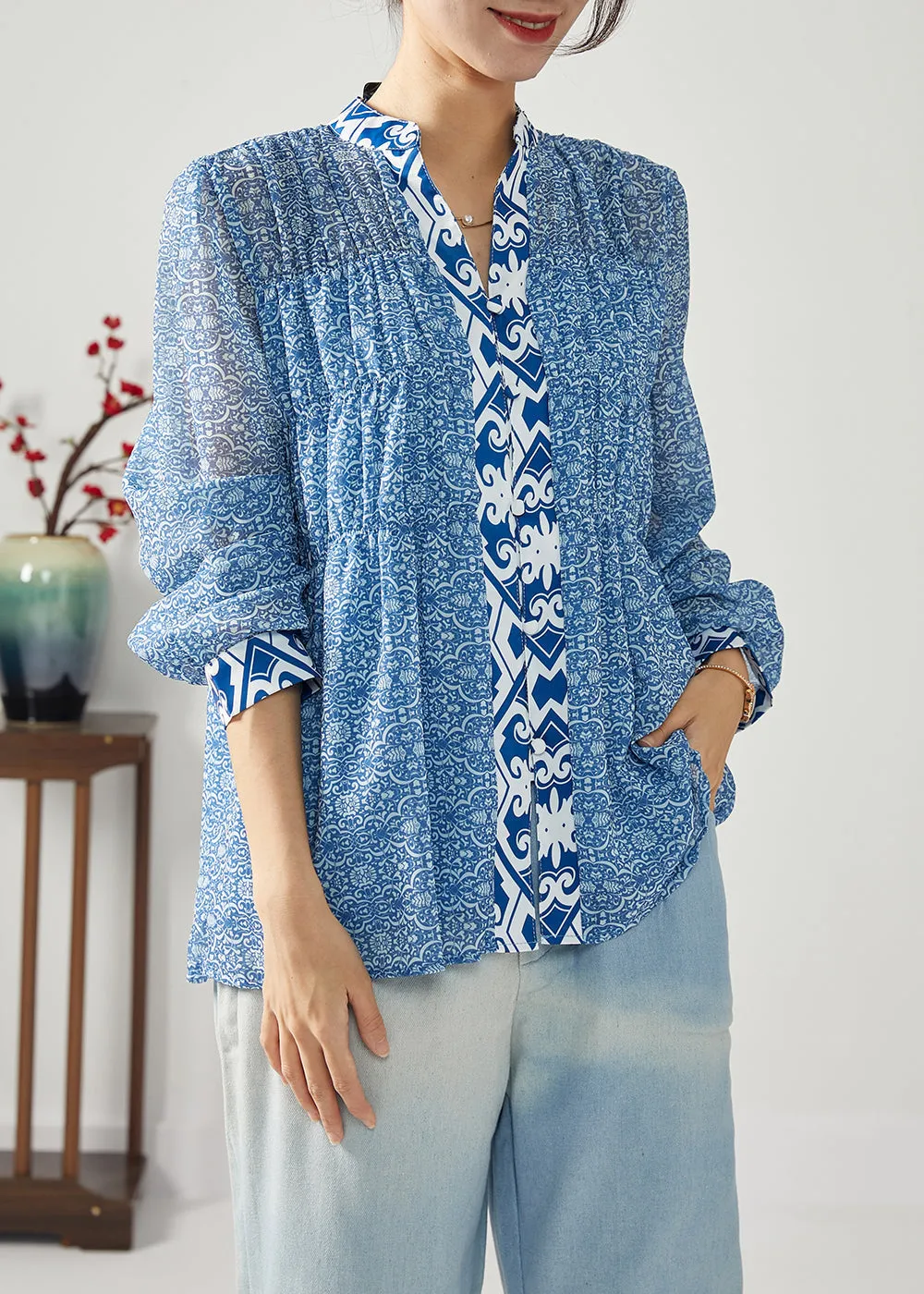 Bohemian Blue Print Patchwork Wrinkled Chiffon Blouses Spring LY1113