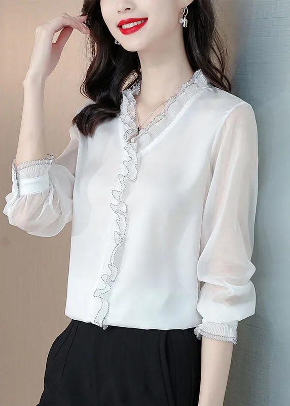 Bohemian White Ruffled Patchwork Silk Blouses Long sleeve LY0481