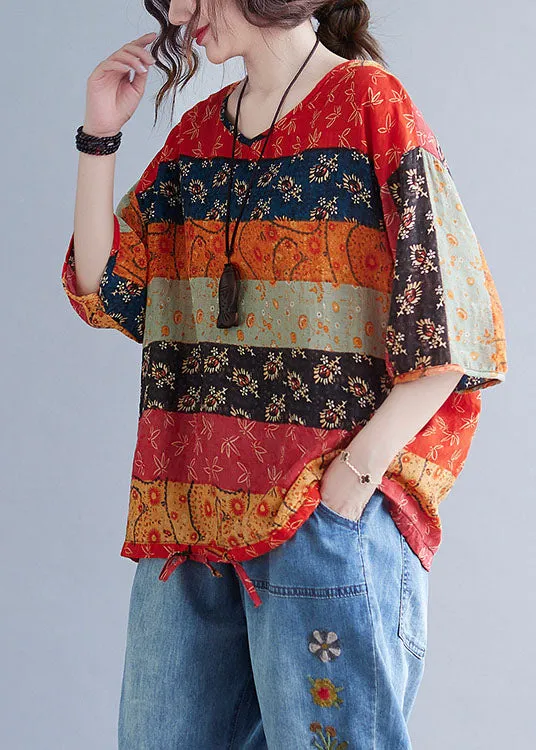 Boho Print V Neck Patchwork Loose drawstring Fall Blouses Half Sleeve