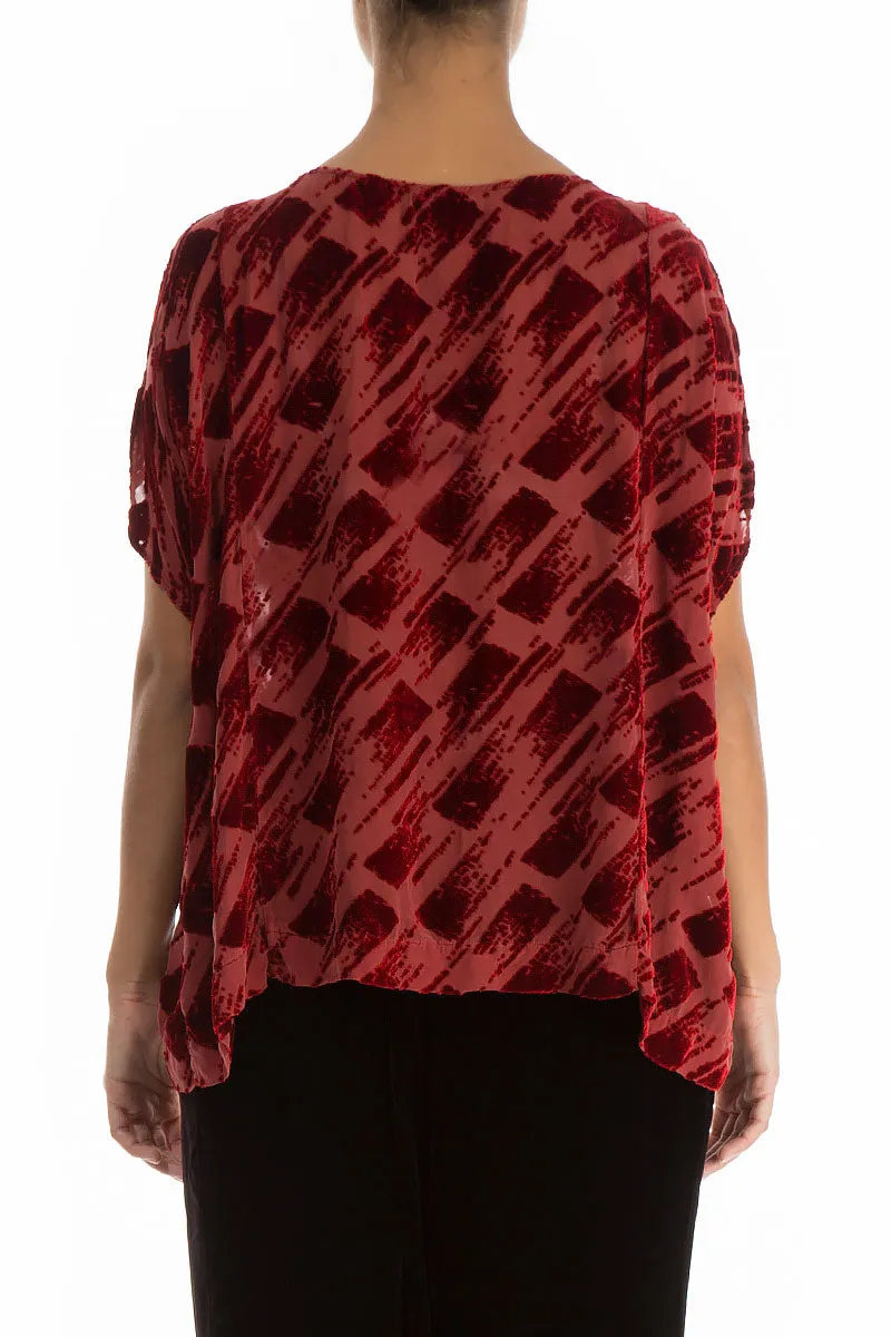 Boxy Devoré Rose Red Silk Velvet Blouse