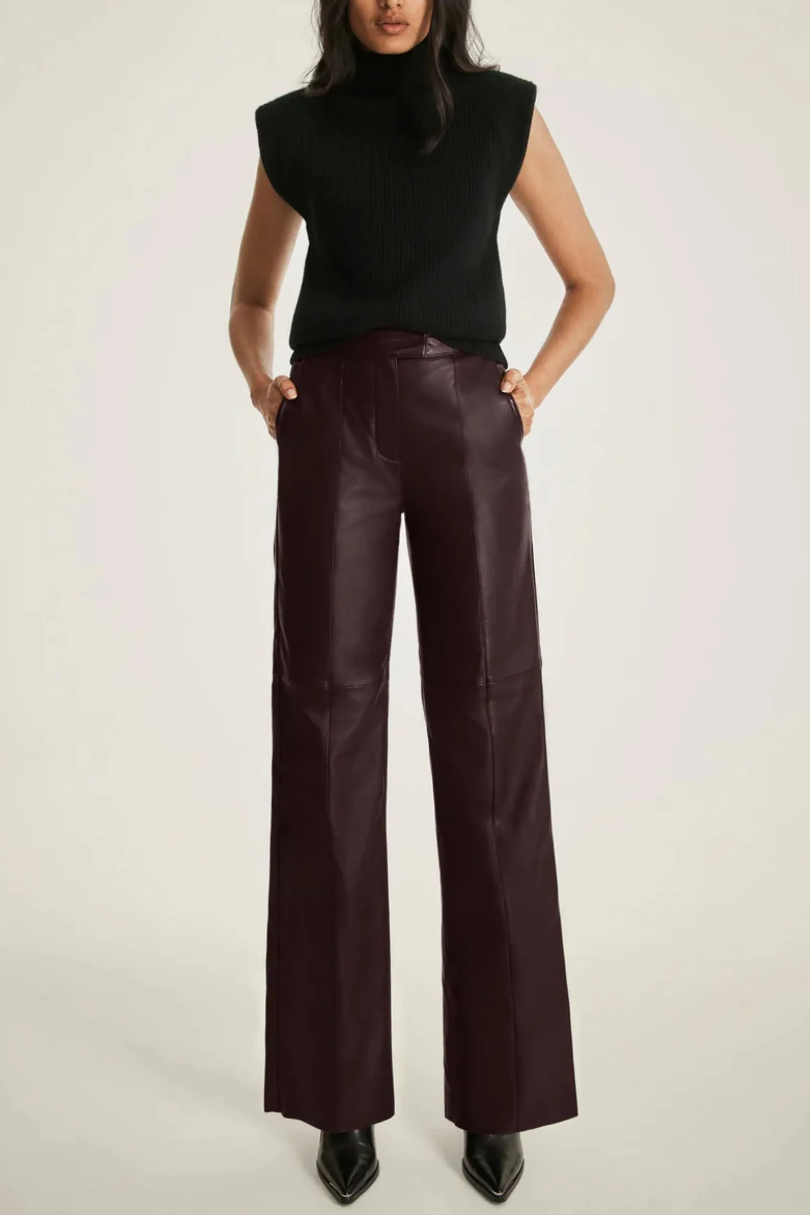 Burgundy Leather Straight Trousers