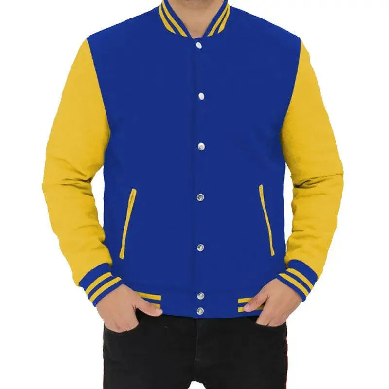 Buy Best Quality Blue And Yellow Baseball Style Shop Genuine Letterman Jacket For Men’s