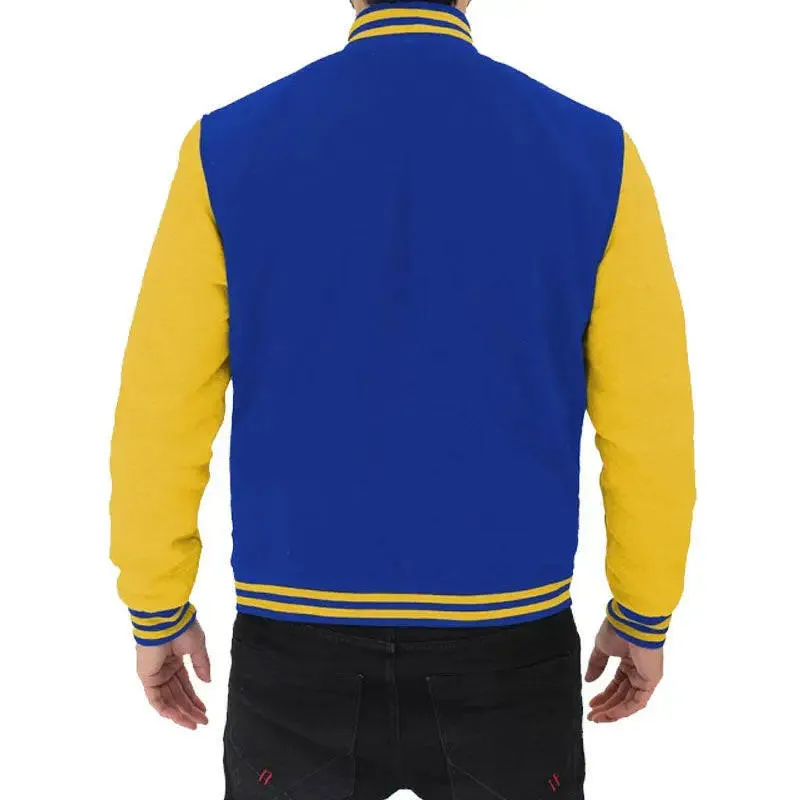 Buy Best Quality Blue And Yellow Baseball Style Shop Genuine Letterman Jacket For Men’s