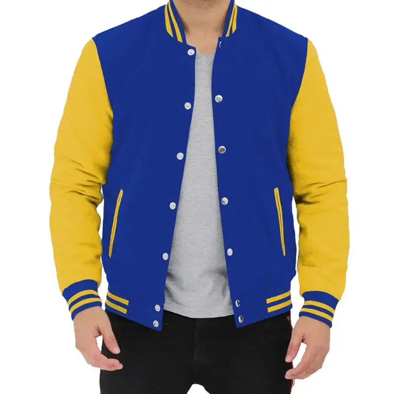 Buy Best Quality Blue And Yellow Baseball Style Shop Genuine Letterman Jacket For Men’s