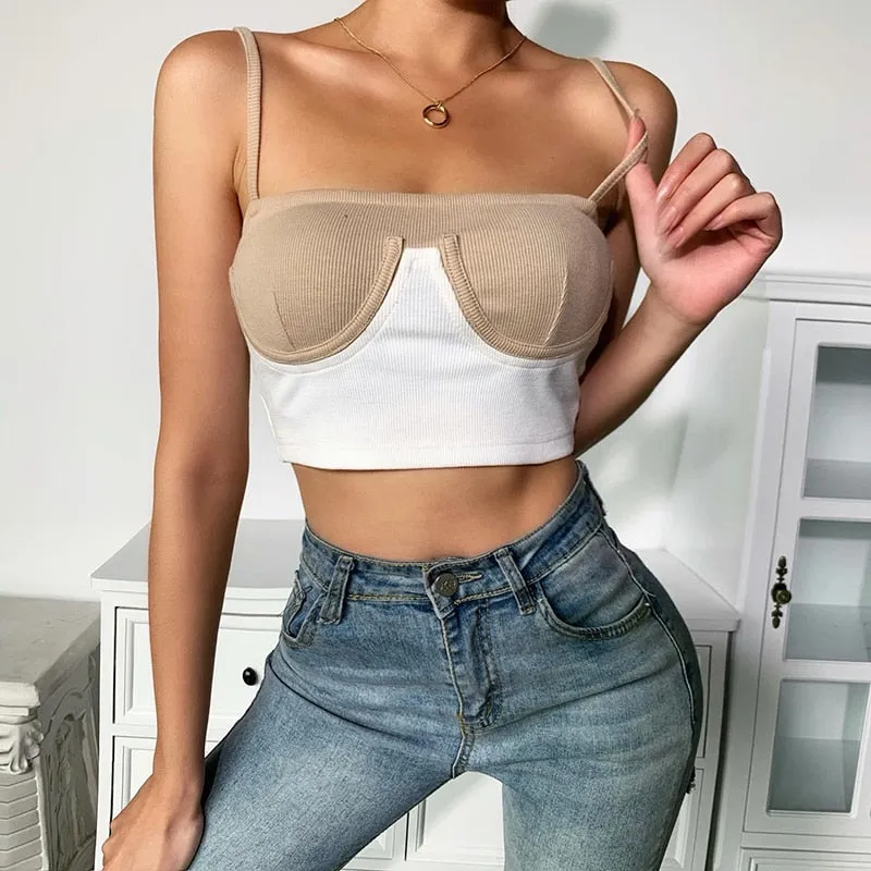 Cami top summer rib knit bikini patchwork slash neck slim skinny backless crop top casual strap top