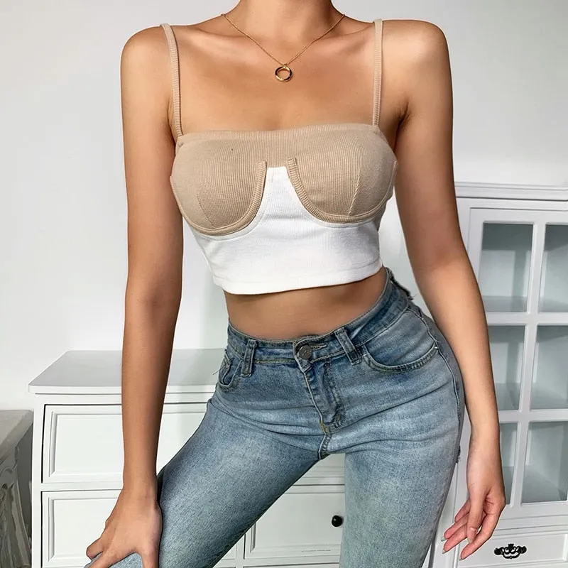 Cami top summer rib knit bikini patchwork slash neck slim skinny backless crop top casual strap top