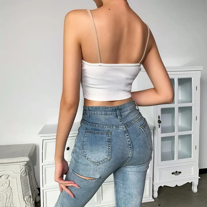 Cami top summer rib knit bikini patchwork slash neck slim skinny backless crop top casual strap top