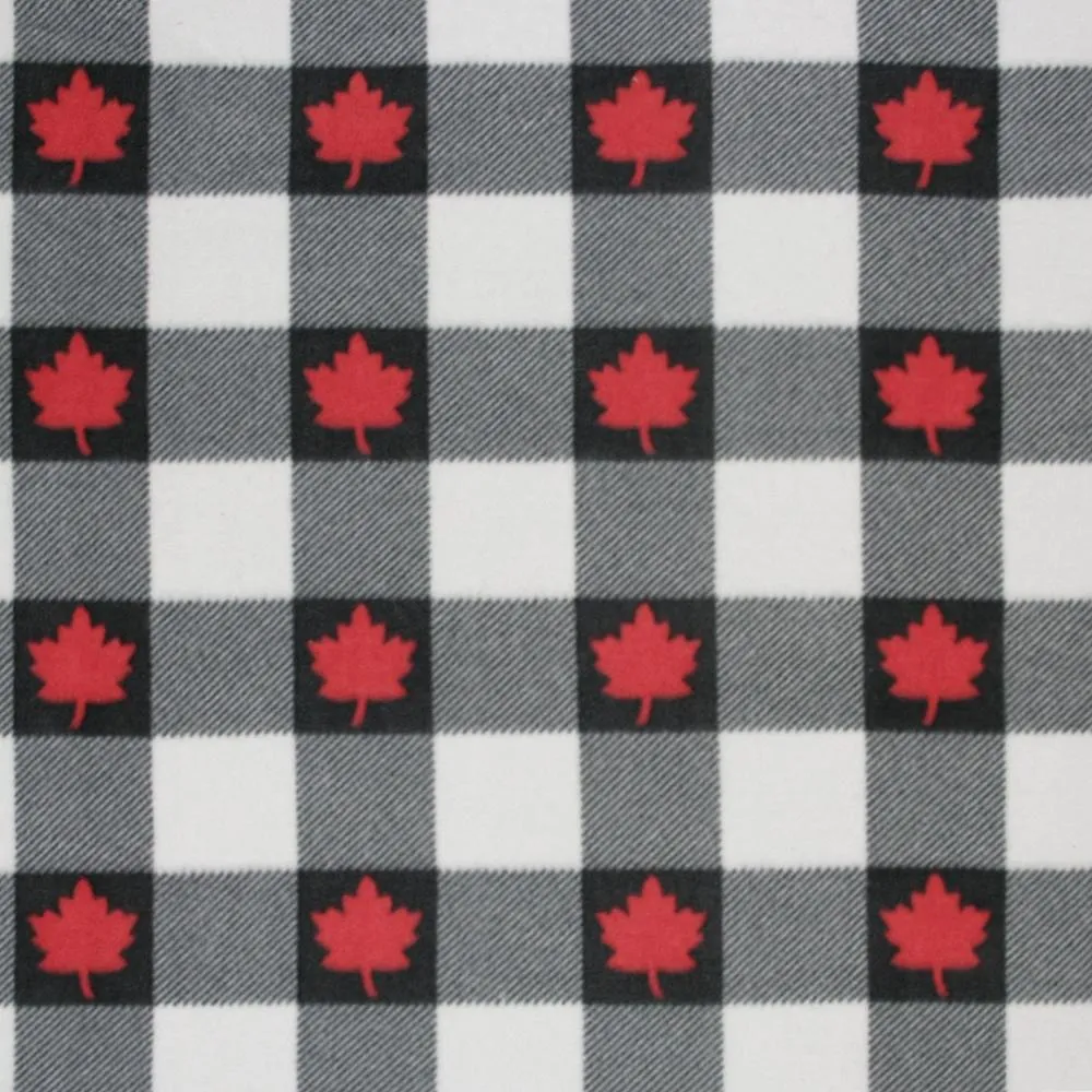 Canadiana Fleece Prints - Buffalo Plaid - Black on Cream with Red Maple Leaf