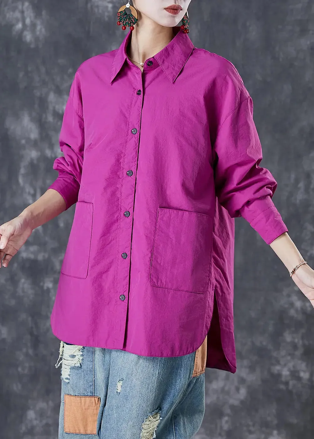 Classy Purple Oversized Pockets Cotton Blouses Fall ML2983