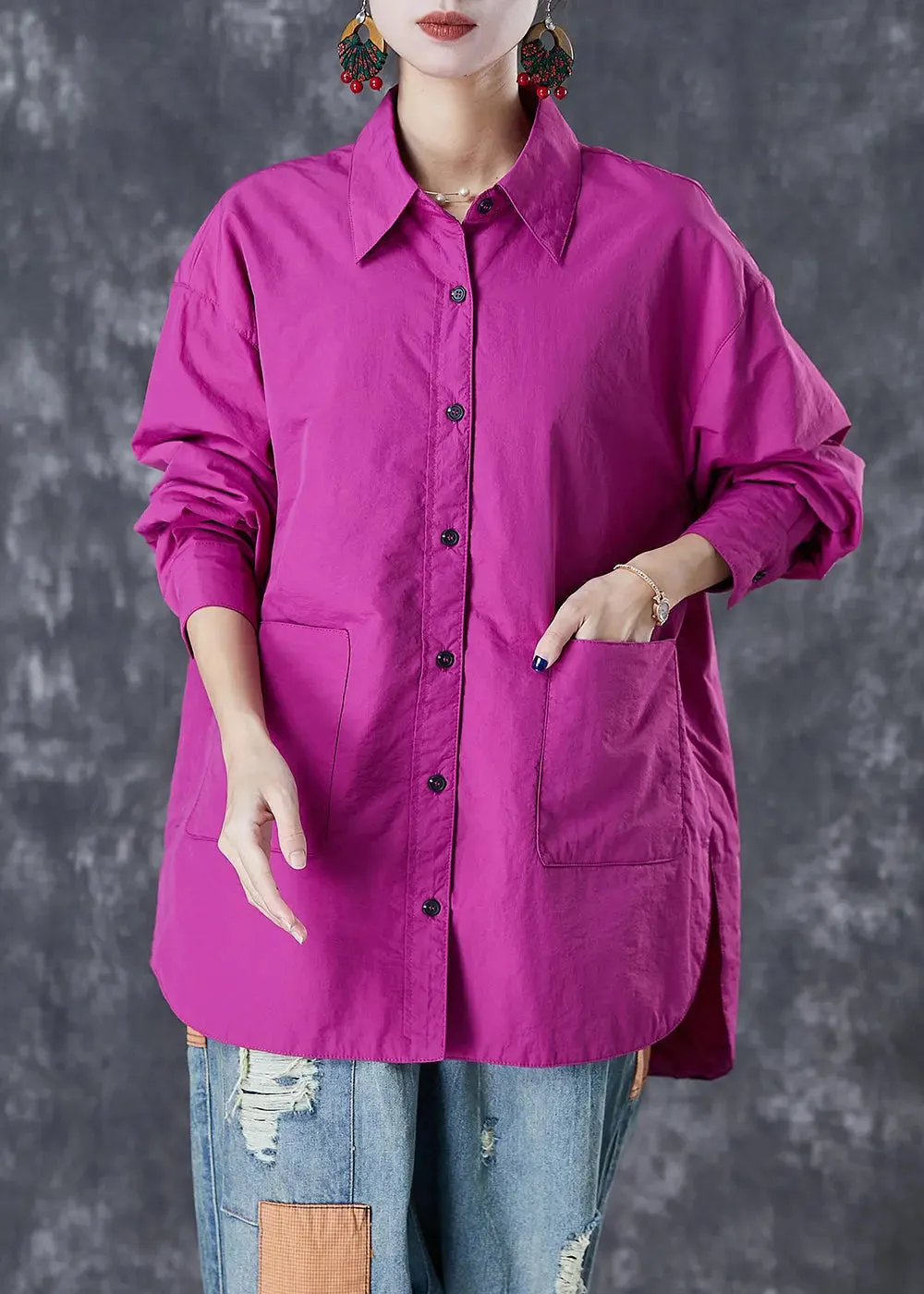 Classy Purple Oversized Pockets Cotton Blouses Fall ML2983