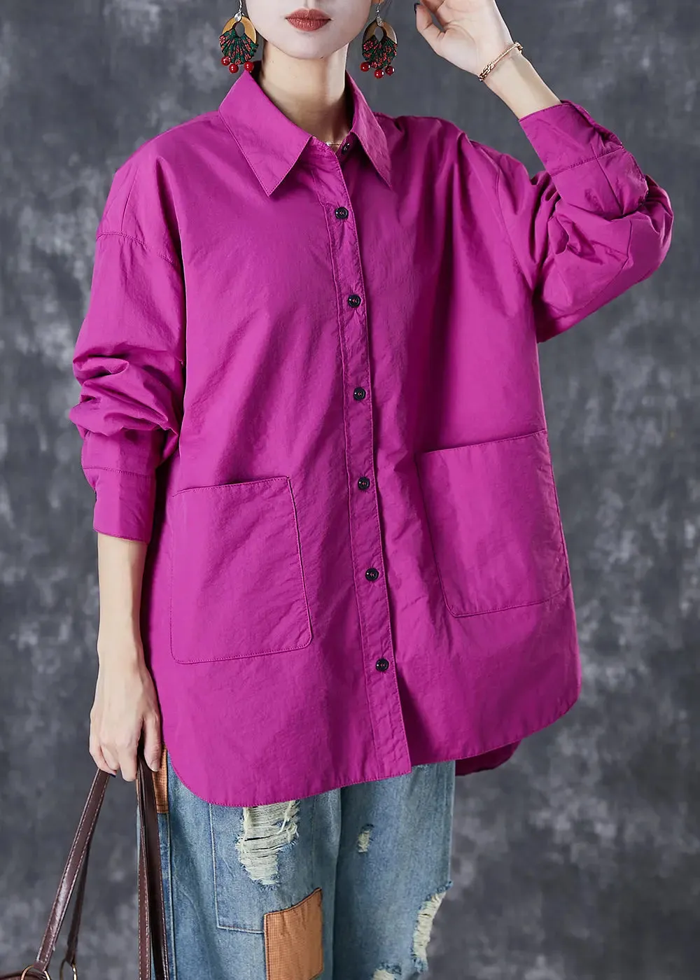 Classy Purple Oversized Pockets Cotton Blouses Fall ML2983