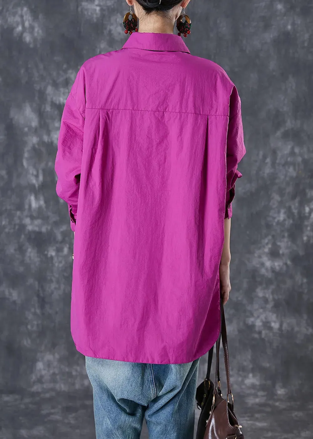 Classy Purple Oversized Pockets Cotton Blouses Fall ML2983