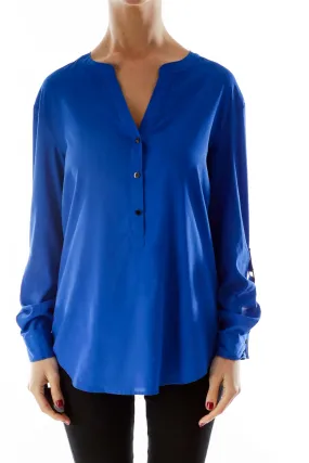 Cobalt V-Neck  Buttoned Loose Blouse