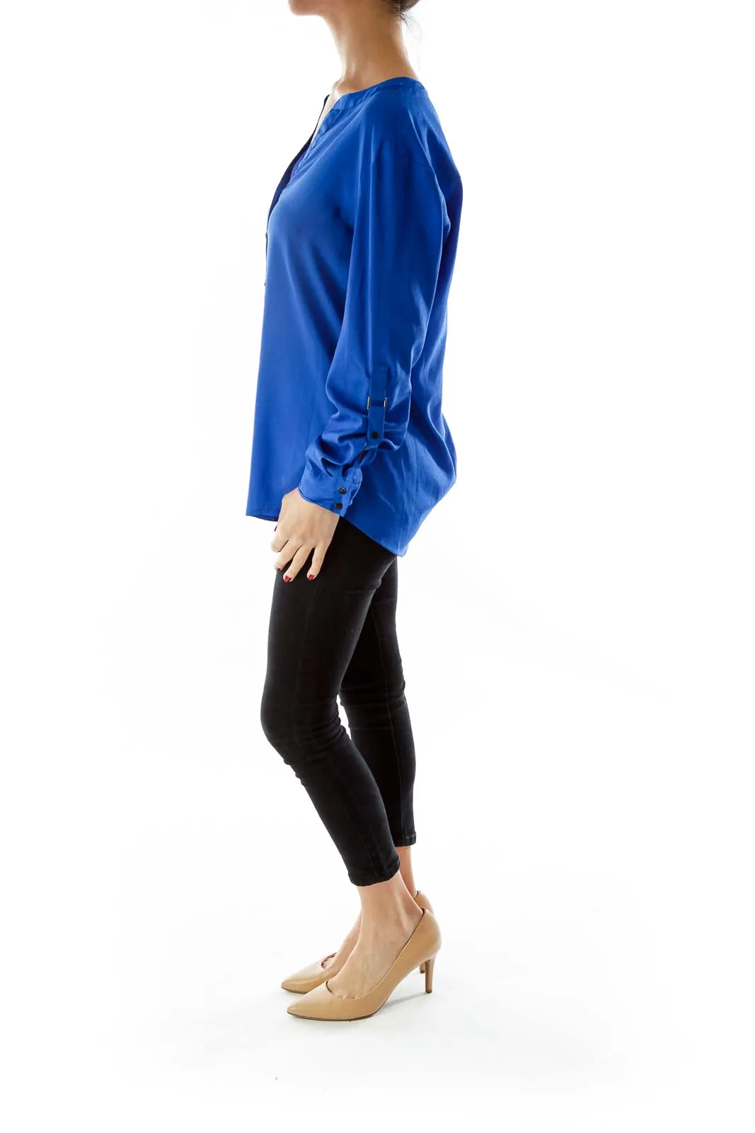 Cobalt V-Neck  Buttoned Loose Blouse