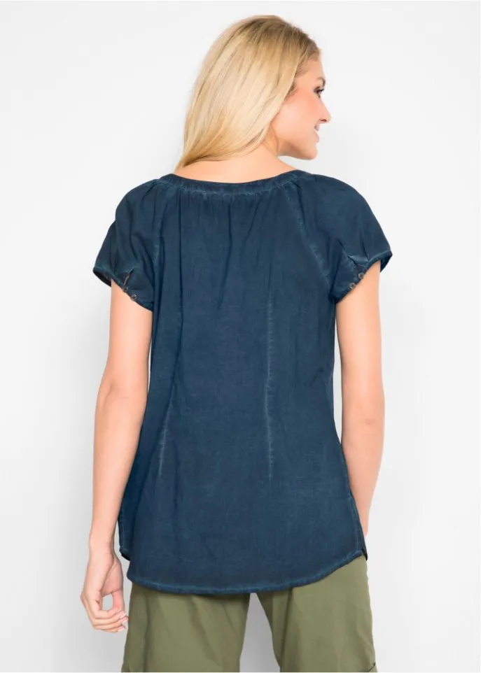 Cold-dyed organic cotton blouse with short sleeves Bpc Bonprix Collection blue