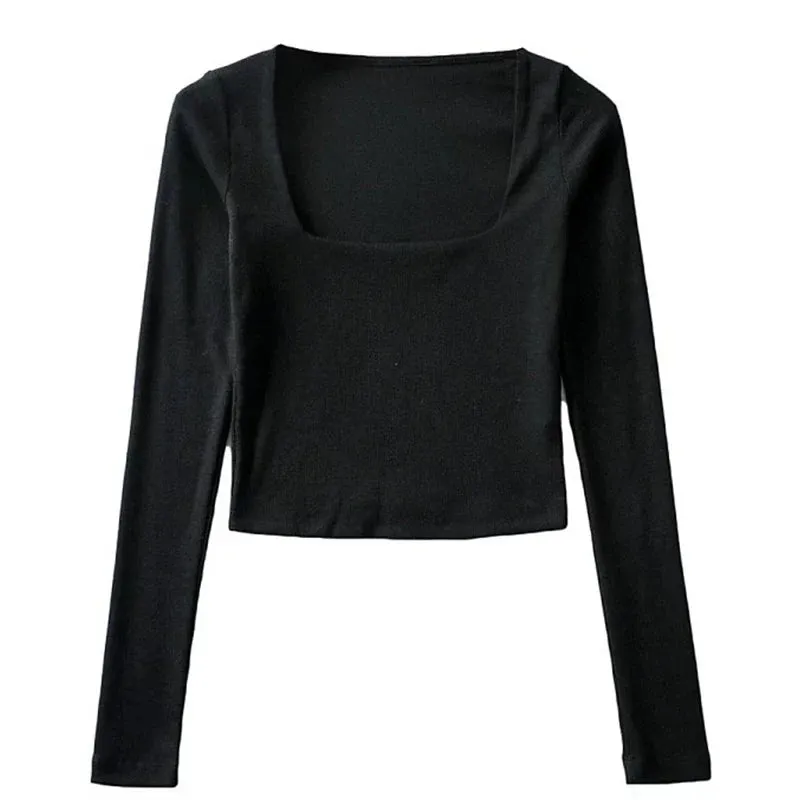 Cotton Ribbed Square Neck Long Sleeve Tee