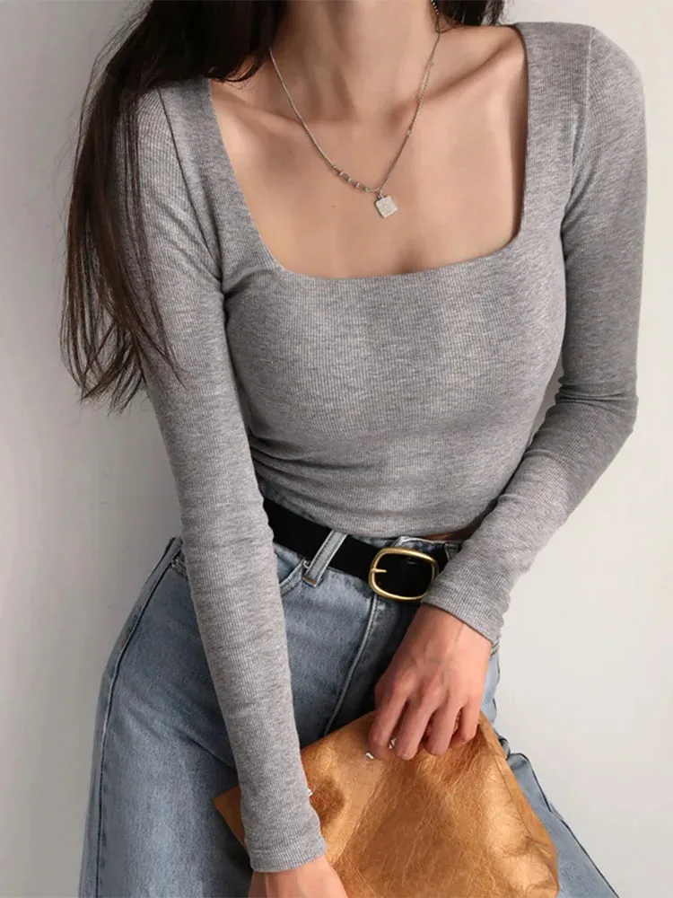 Cotton Ribbed Square Neck Long Sleeve Tee