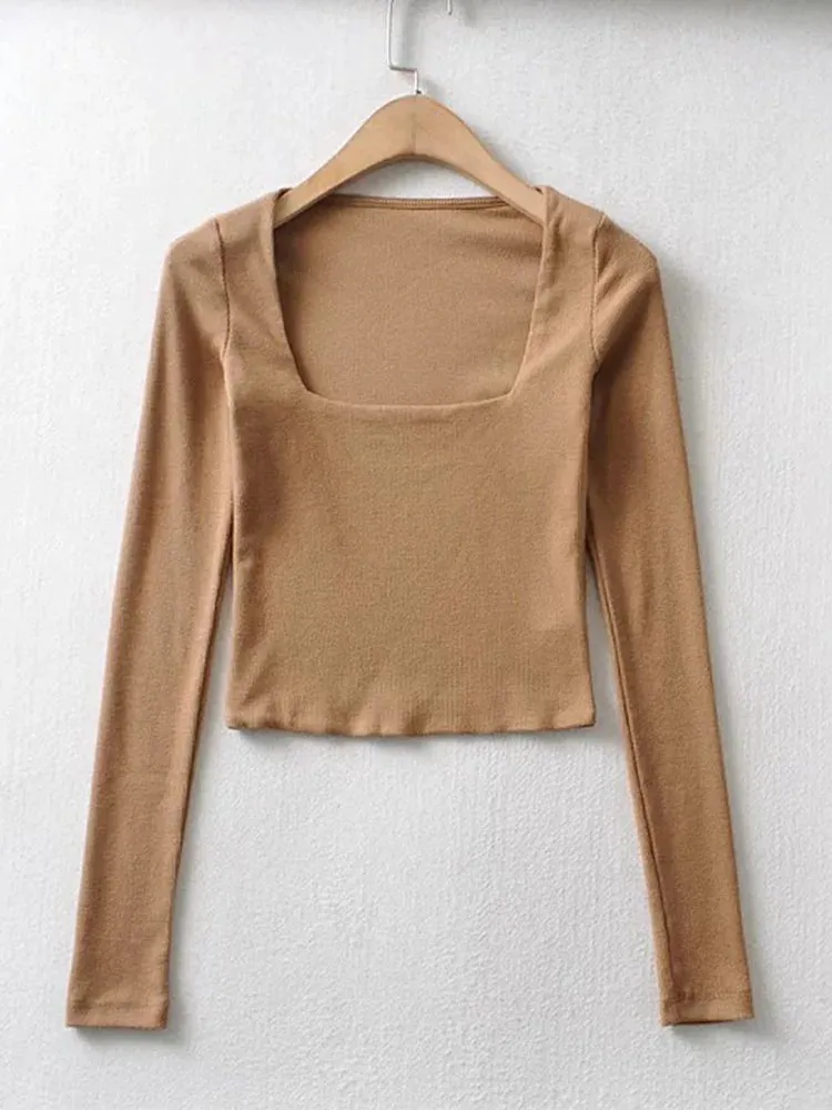 Cotton Ribbed Square Neck Long Sleeve Tee