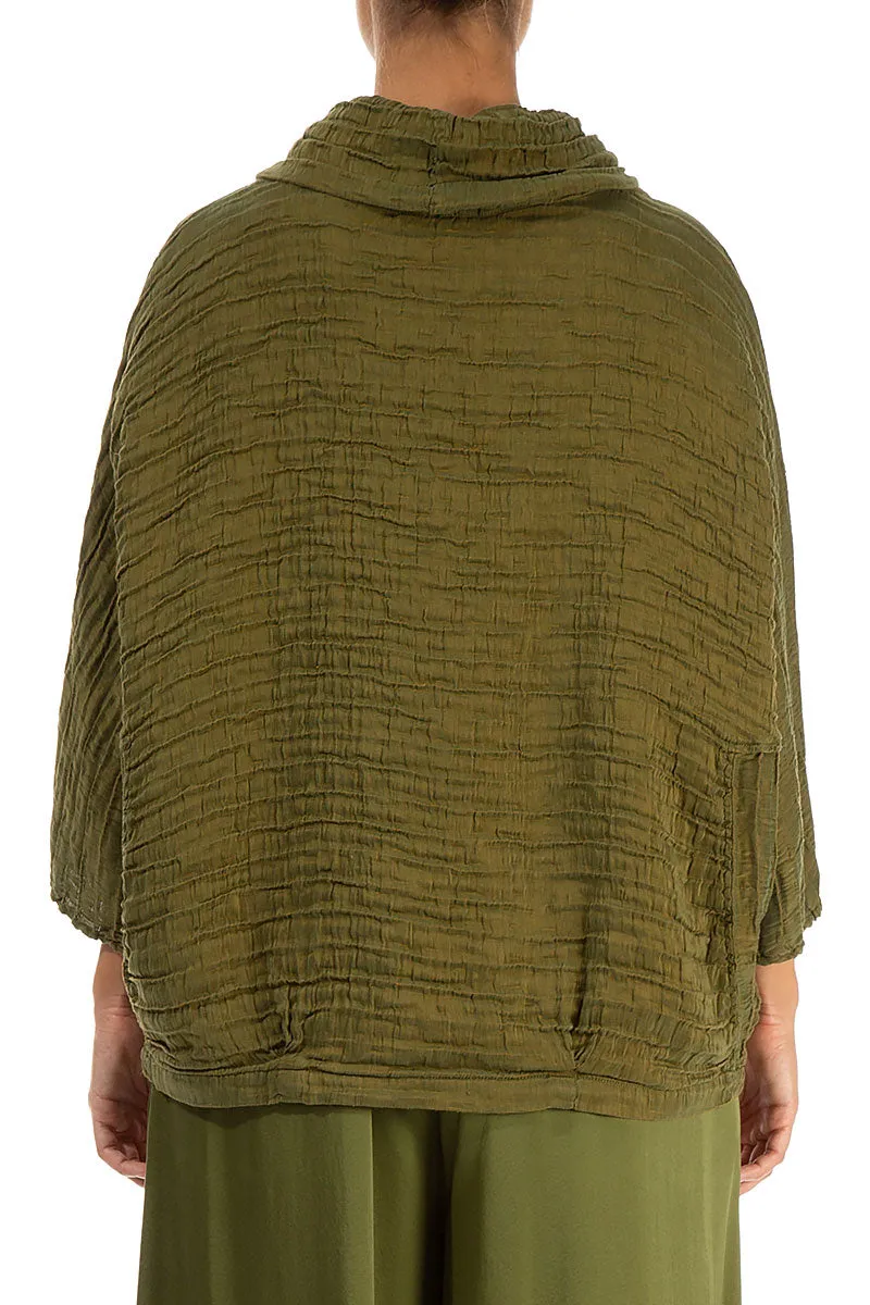 Cowl Neck Crinkled Olive Silk Blouse