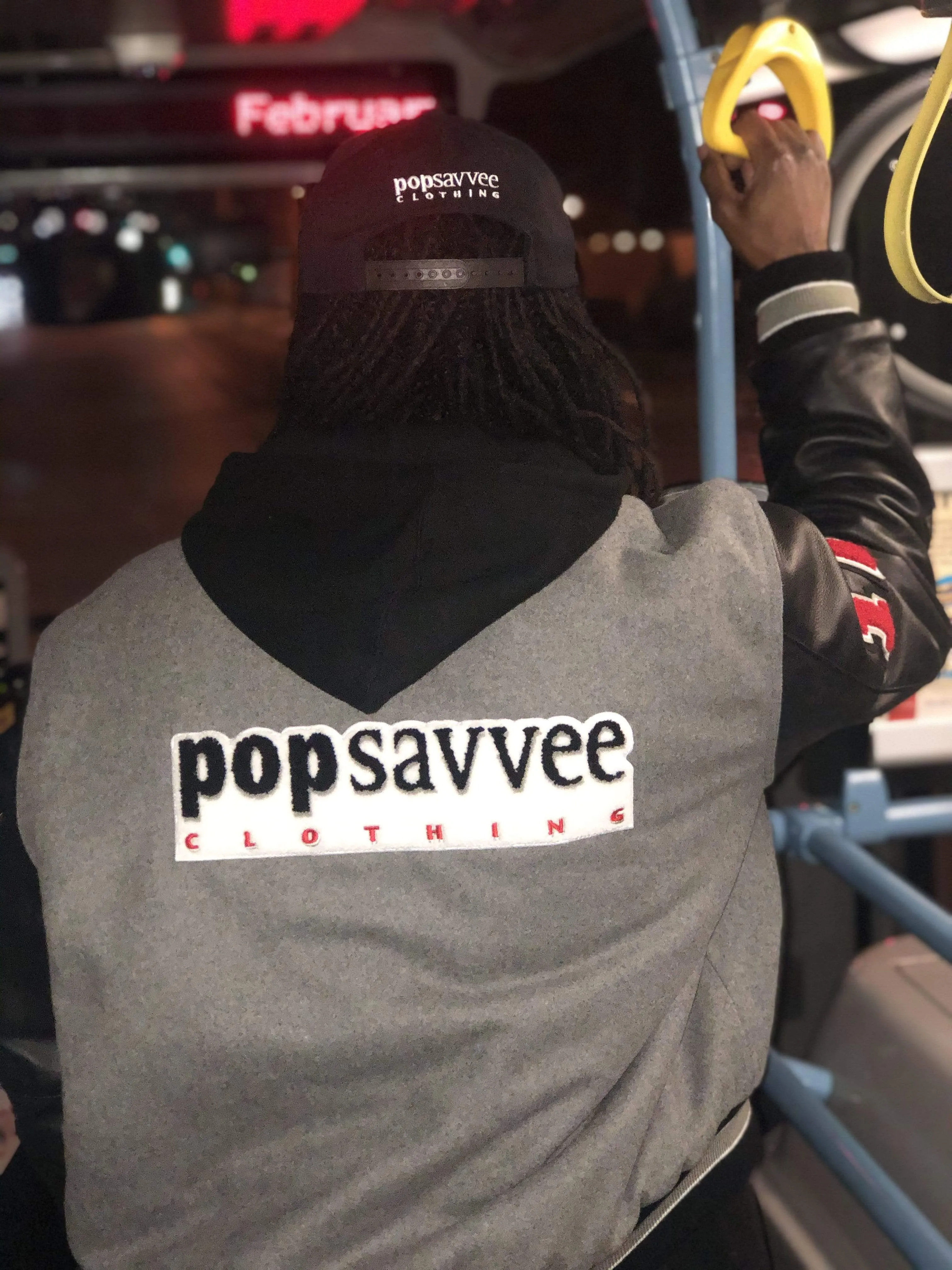 Custom Grey and Black Leather Varsity Letterman Jacket With “Pop Savvee Clothing” Chenille Embroidery