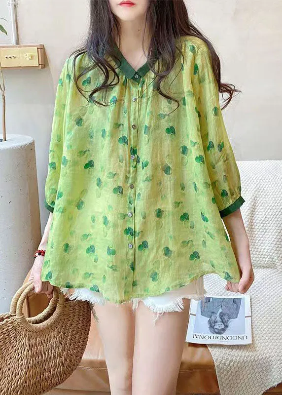 Cute Green Peter Pan Collar Print Linen Blouses Summer LY2934