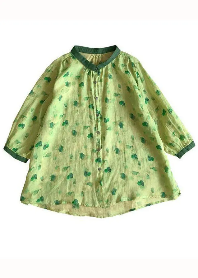 Cute Green Peter Pan Collar Print Linen Blouses Summer LY2934