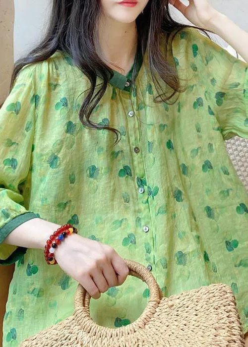 Cute Green Peter Pan Collar Print Linen Blouses Summer LY2934