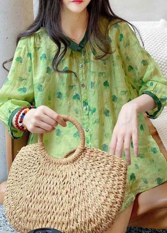 Cute Green Peter Pan Collar Print Linen Blouses Summer LY2934