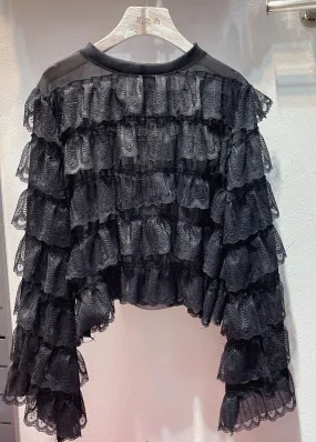 DIY Black O Neck Ruffled Layered Patchwork Lace Blouses Long Sleeve LY7139