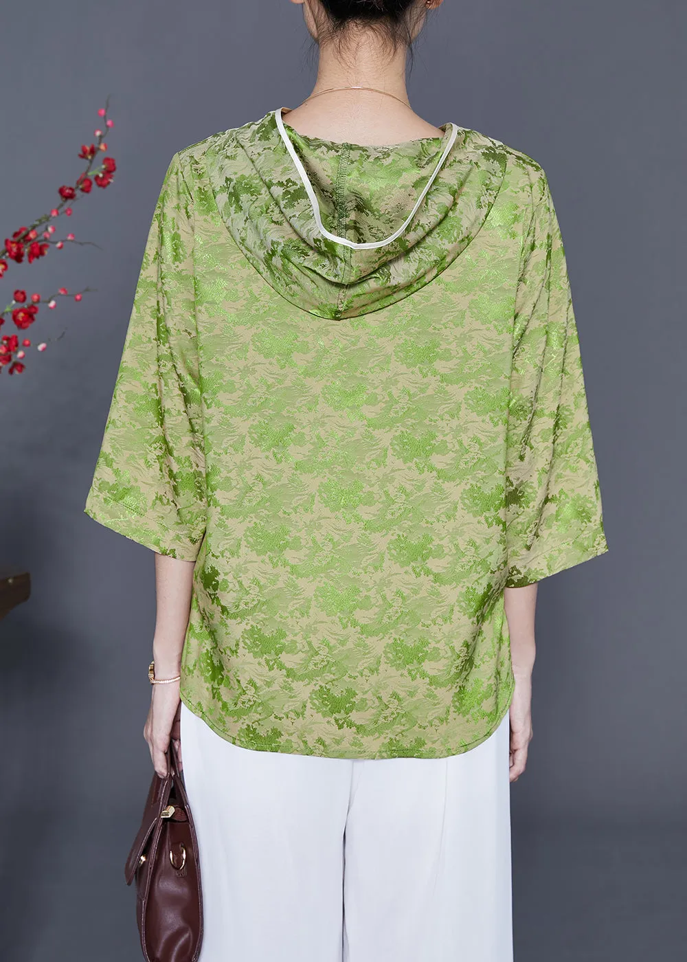 Fine Grass Green Hooded Print Silk Blouses Bracelet Sleeve LY5395