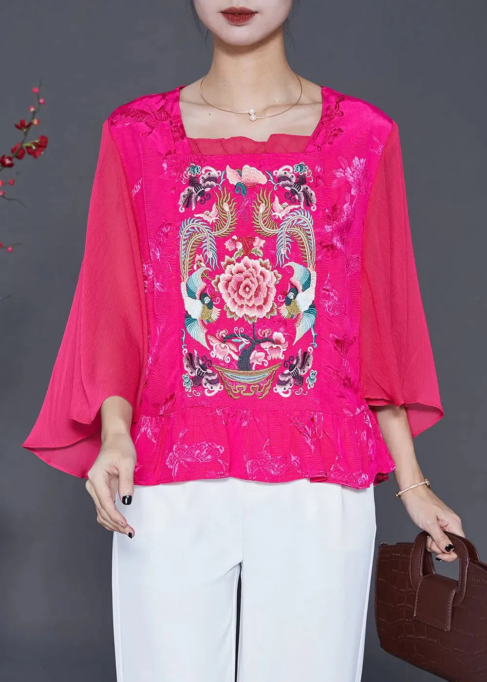 French Rose Embroideried Patchwork Silk Blouses Cloak Sleeves ML0399