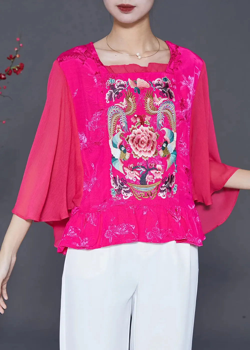 French Rose Embroideried Patchwork Silk Blouses Cloak Sleeves ML0399