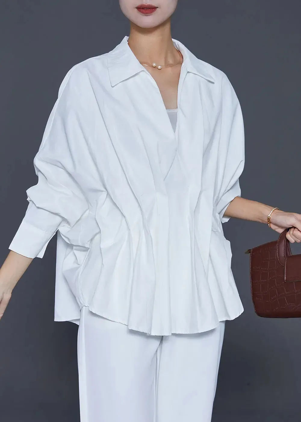 French White V Neck Wrinkled Cotton Blouses Fall ML0422