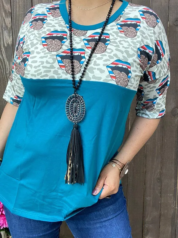 FW9819 Teal mouth&leopard multi color printed short sleeves women tops