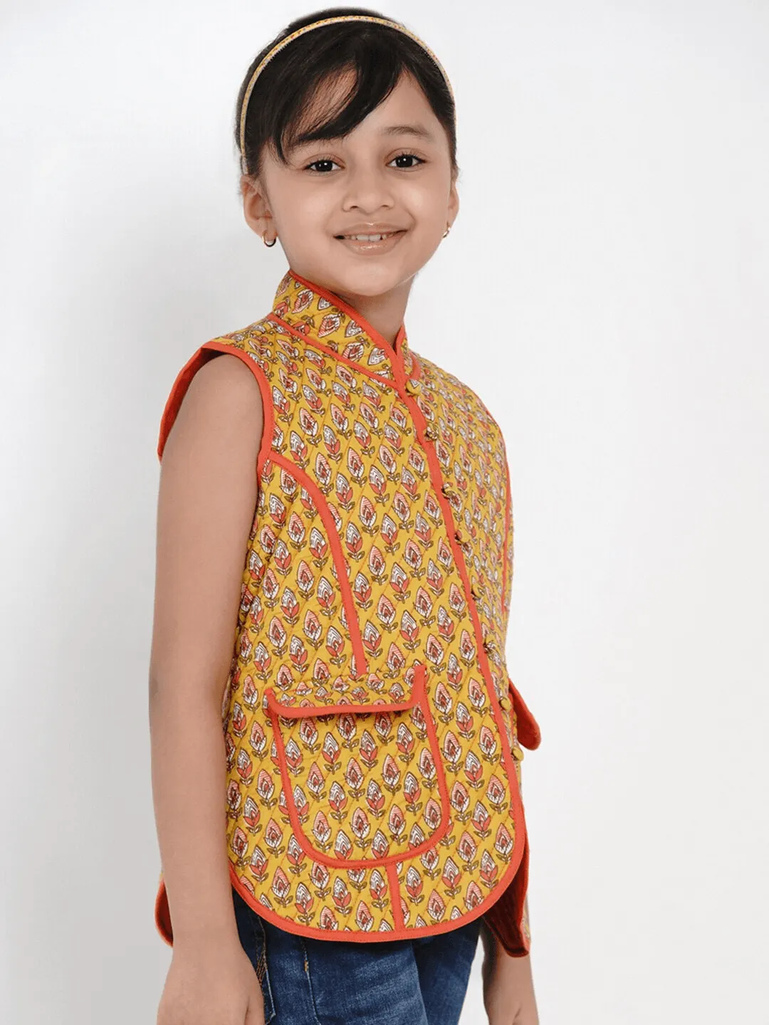 Girl's Mustard Yellow Printed Tailored Jacket Top  - NOZ2TOZ KIDS