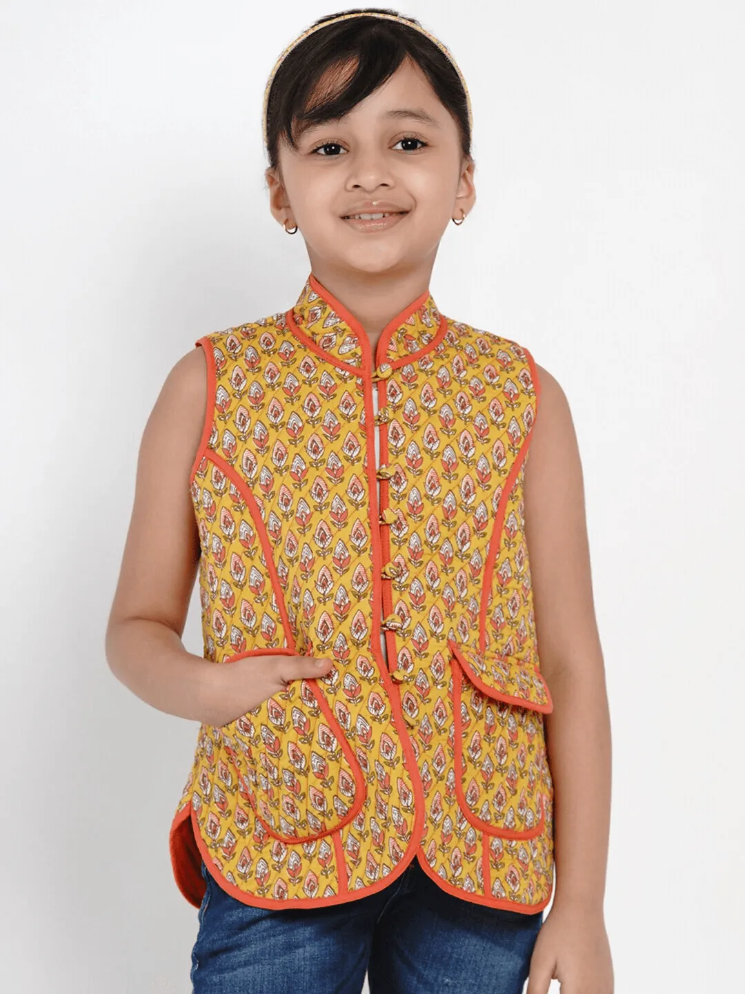 Girl's Mustard Yellow Printed Tailored Jacket Top  - NOZ2TOZ KIDS