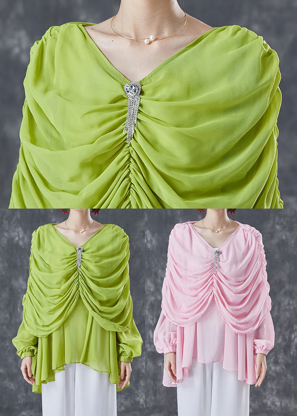 Grass Green Chiffon Blouses V Neck Wrinkled Summer TA1020