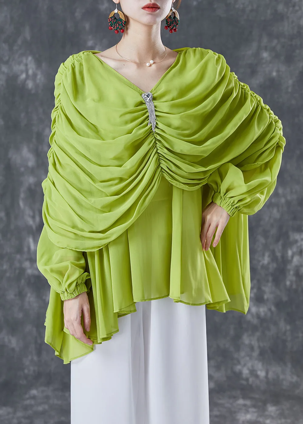 Grass Green Chiffon Blouses V Neck Wrinkled Summer TA1020