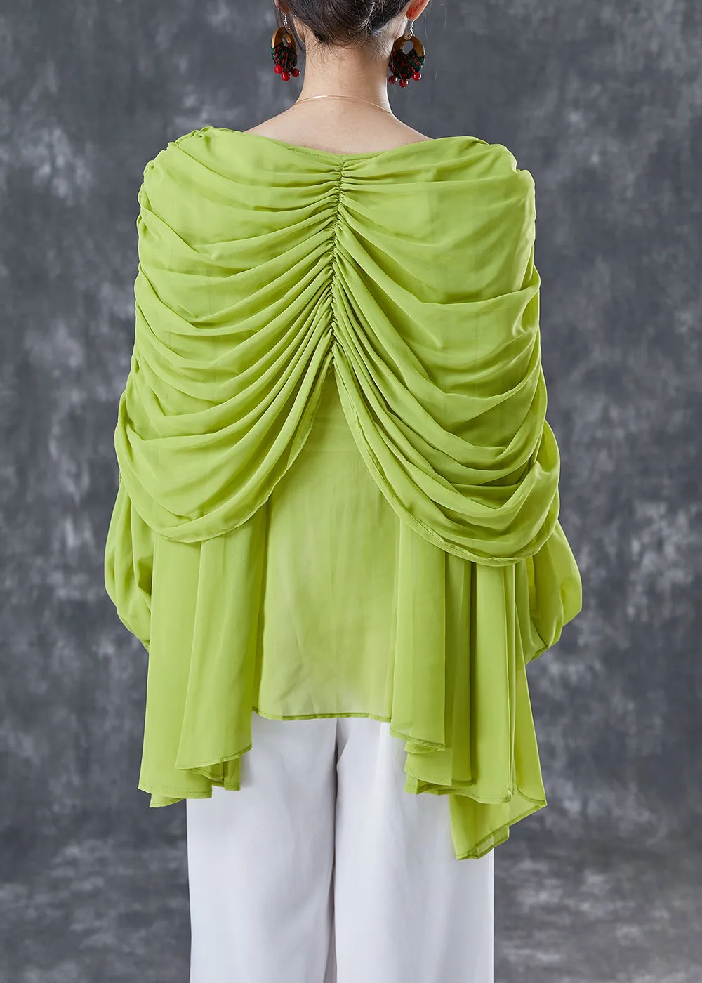 Grass Green Chiffon Blouses V Neck Wrinkled Summer TA1020