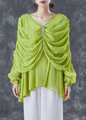 Grass Green Chiffon Blouses V Neck Wrinkled Summer TA1020